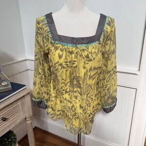 Sundance Womens Silk Floral Blouse Yellow Grey Square Neck Embroidered Small